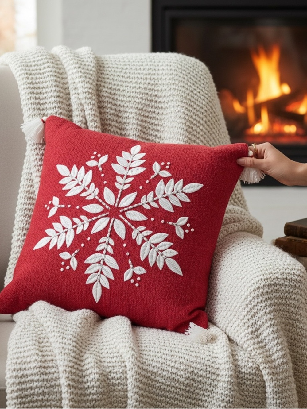Threshold Snowflake Toss Pillow 18x18 Red White Tassel Holiday Botanical Decor